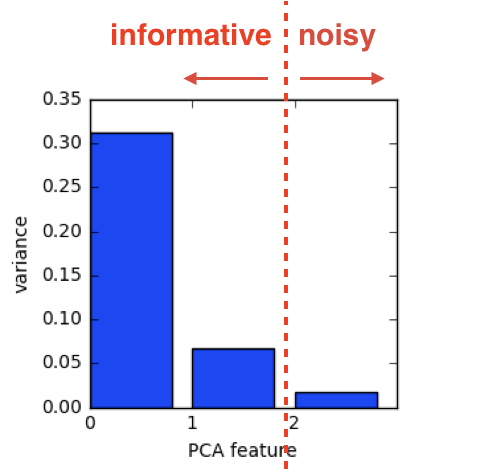 Bar plot showing pca feature number vs variance with vertical line between 1 and 2, with left arrow labeled informative and right arrow labeled noisy