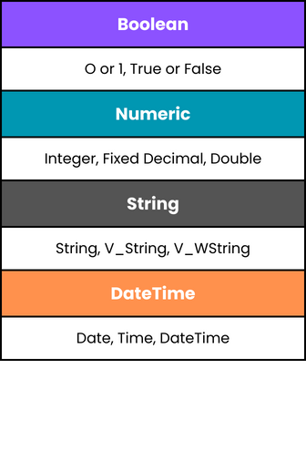 Table with the four data types - Boolean, Numeric, String, and DateTime