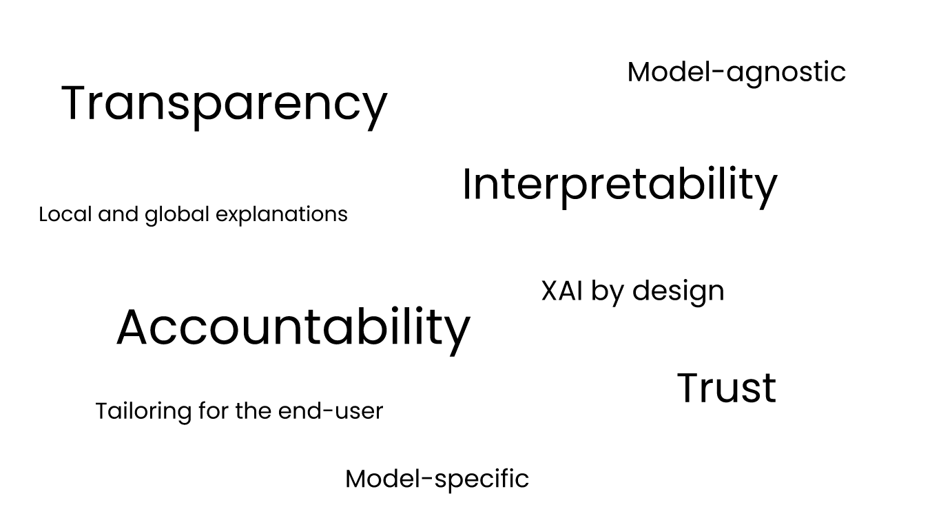 graphic depicting the words transparency, interpretability, accountability, and trust
