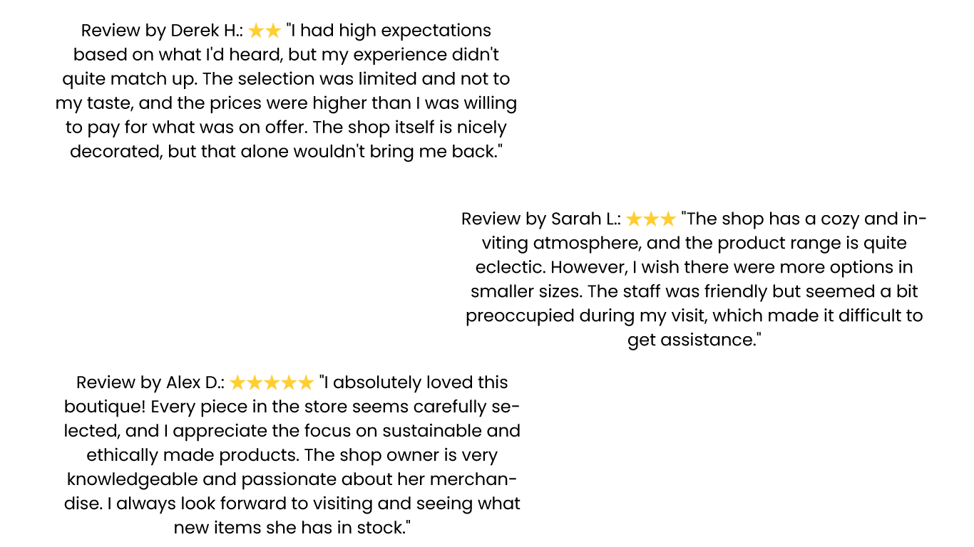 a graphic showing three different reviews about a shop both positive and negative