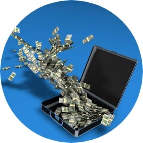 Image depicting a large sum of money flying out of an open briefcase against a blue background, conveying the concept of financial success.