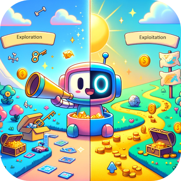 Image showing an agent trying to explore new actions in order to discover more rewards, and trying to exploit its knowledge while possibly missing on some rewards.