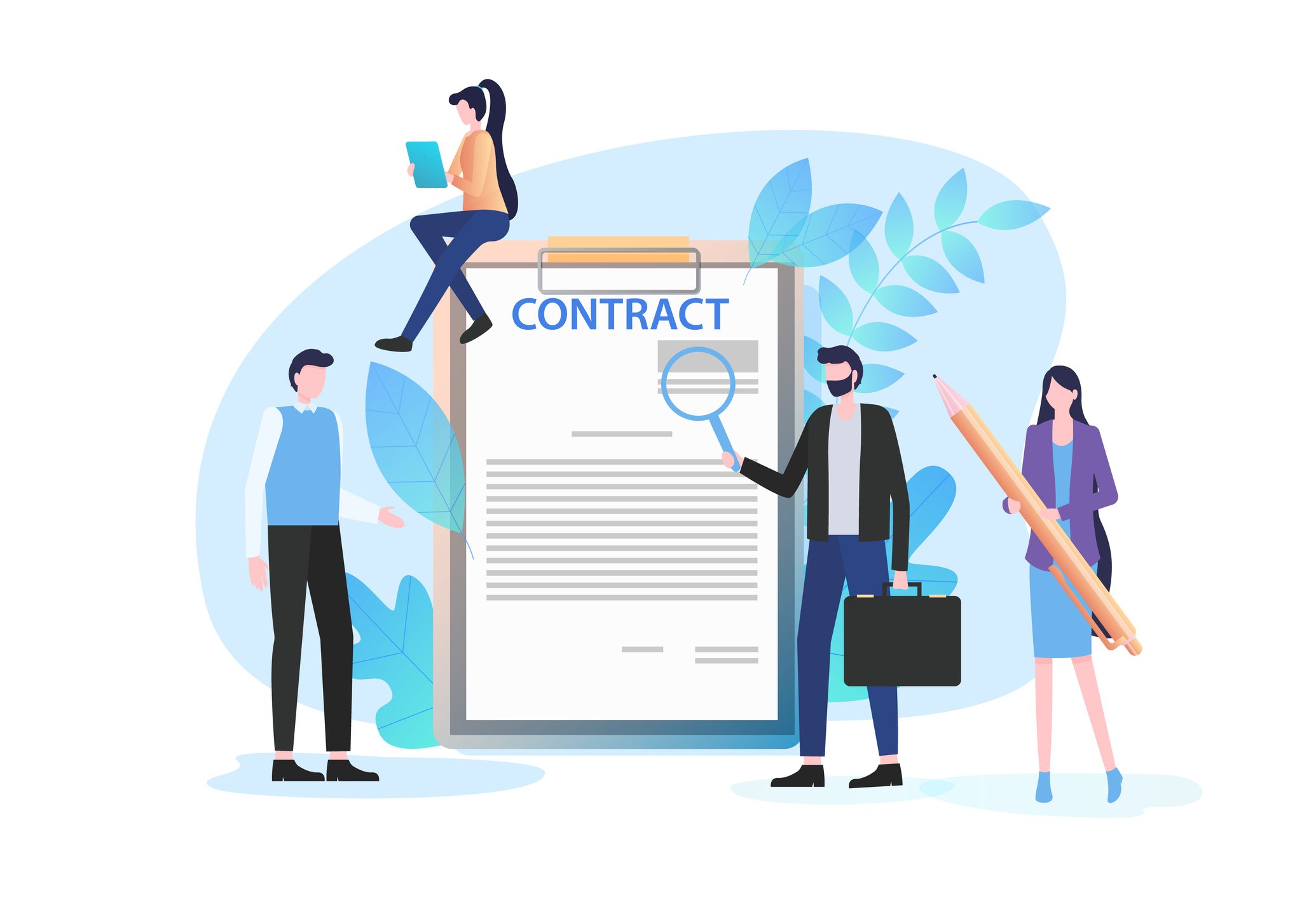 Businessmen Inspect Document with Magnifying Glass Woman Pen Sign Contract