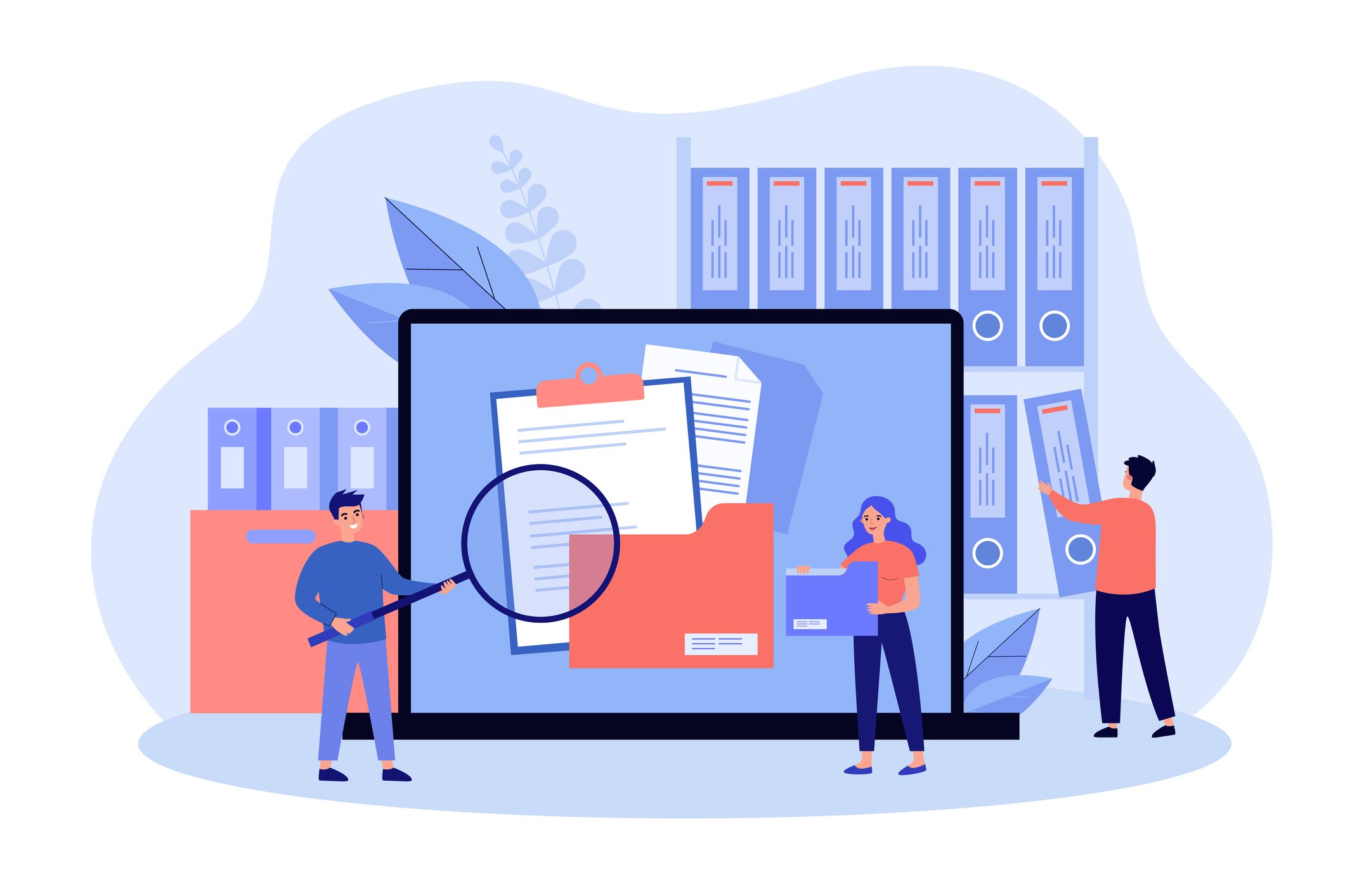 People taking documents from shelves, using magnifying glass and searching files in electronic database