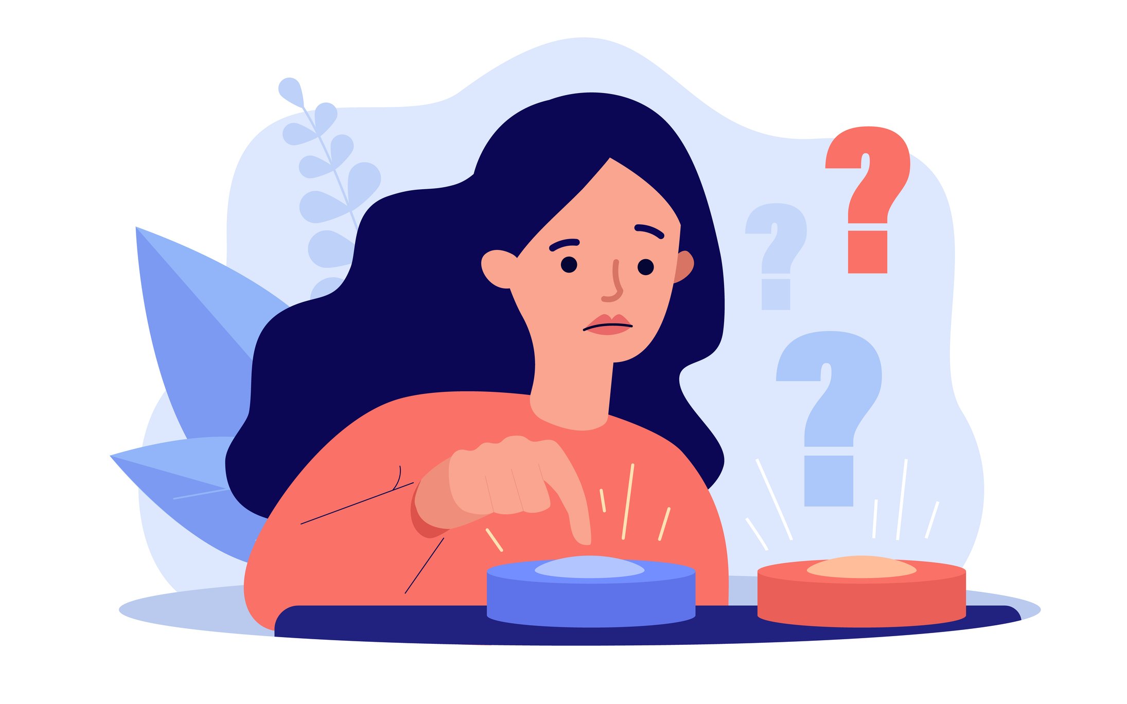 Puzzled woman choosing between two buttons and pushing blue one