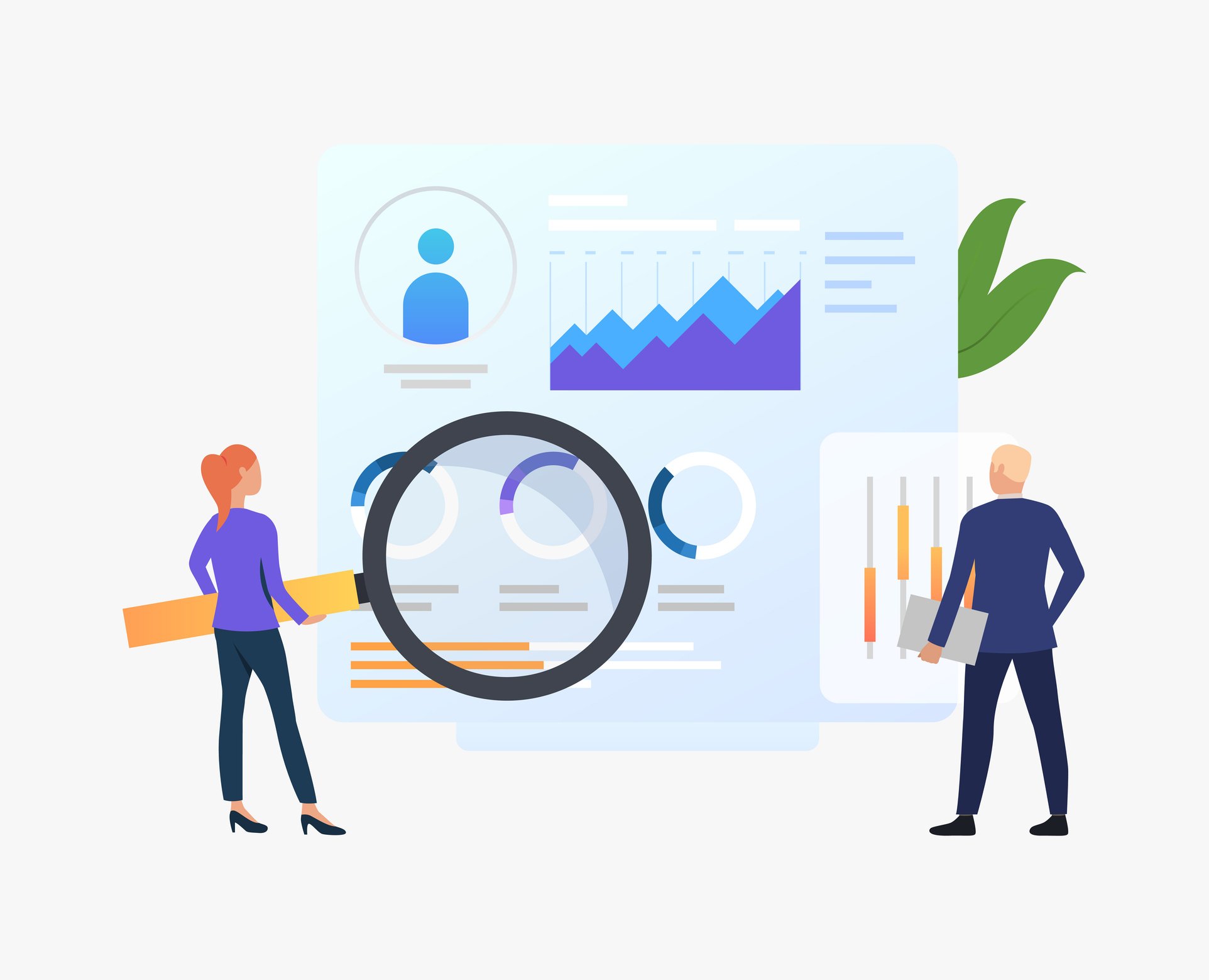 Businesspeople with magnifying glass at charts vector illustration