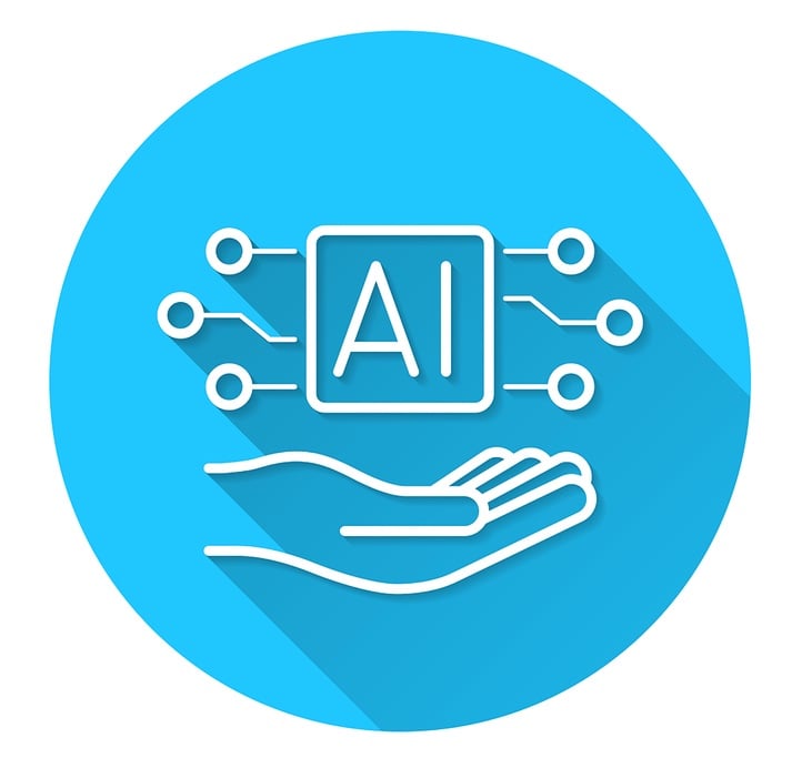 Responsible AI: blue circle with a hand holding an illustration of an ai chip