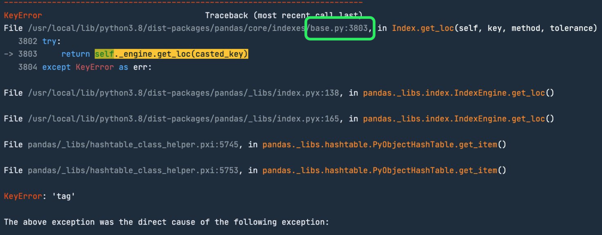 Traceback with base.py highltigted