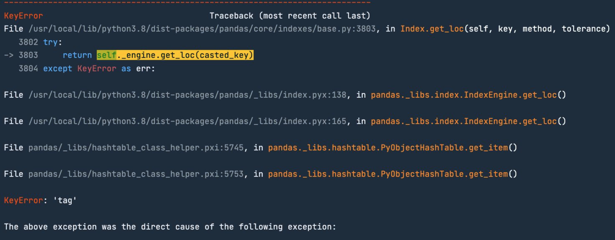 Traceback showing the file that produced an error when executed, along with the error type of KeyError