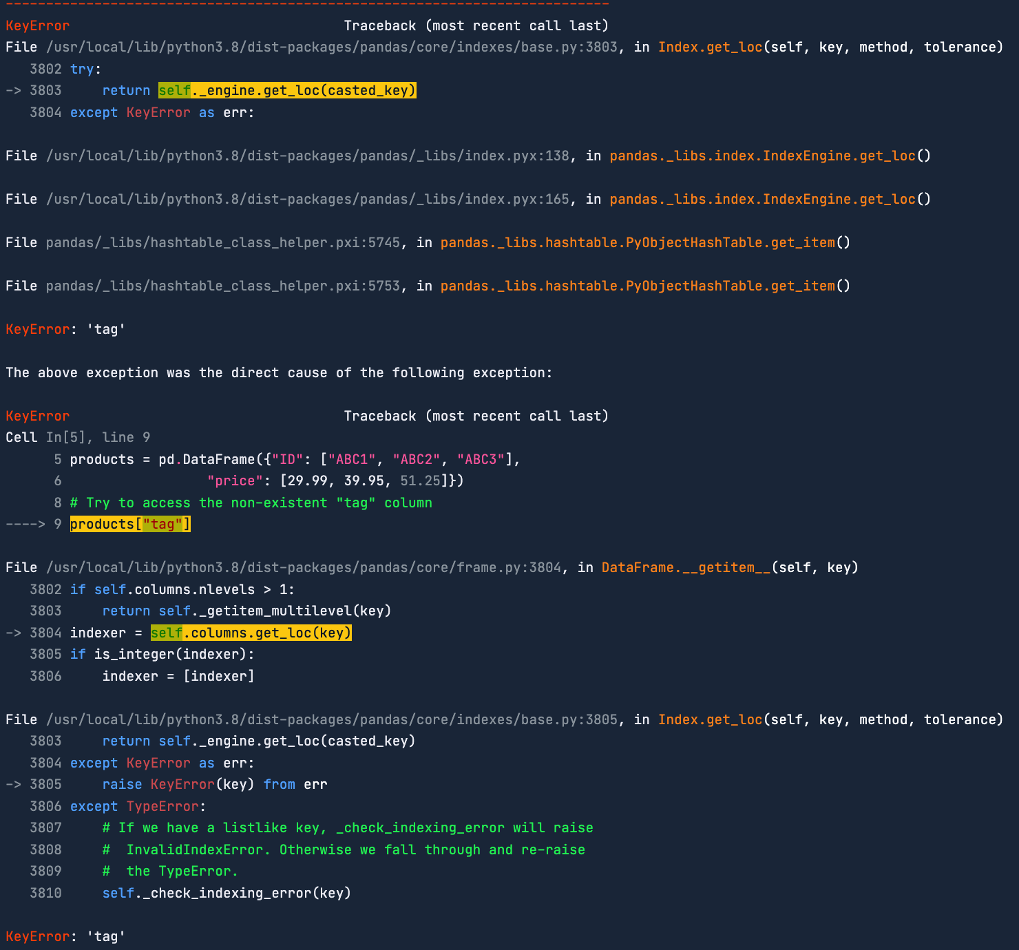 Traceback from trying to subset a pandas DataFrame on a non-existent column