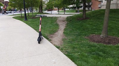 Path created by walking across some grass to cut out a corner