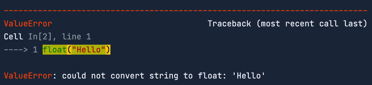 ValueError output confirming that the string 'Hello' cannot be converred to a float