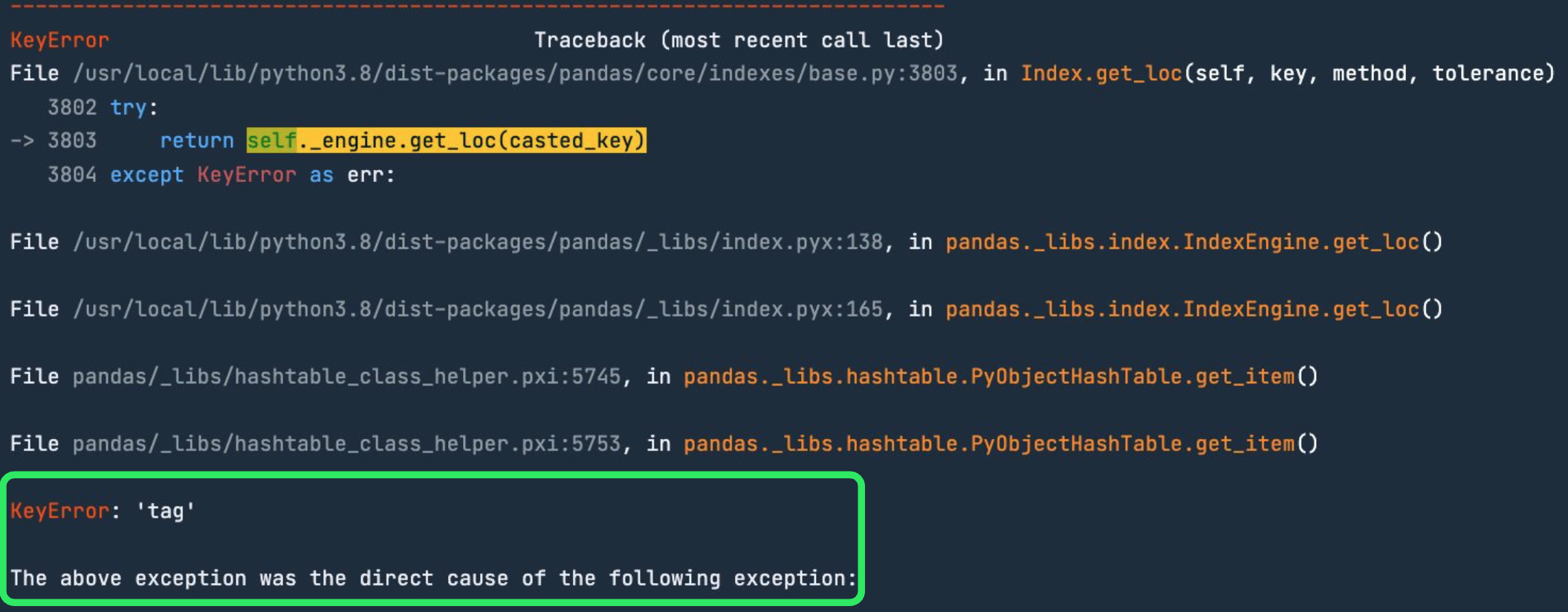 Traceback with KeyError highlitghted
