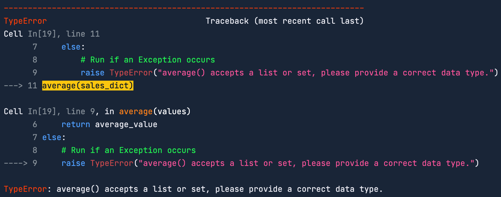 TypeError output showing the custom message to provide the correct data type