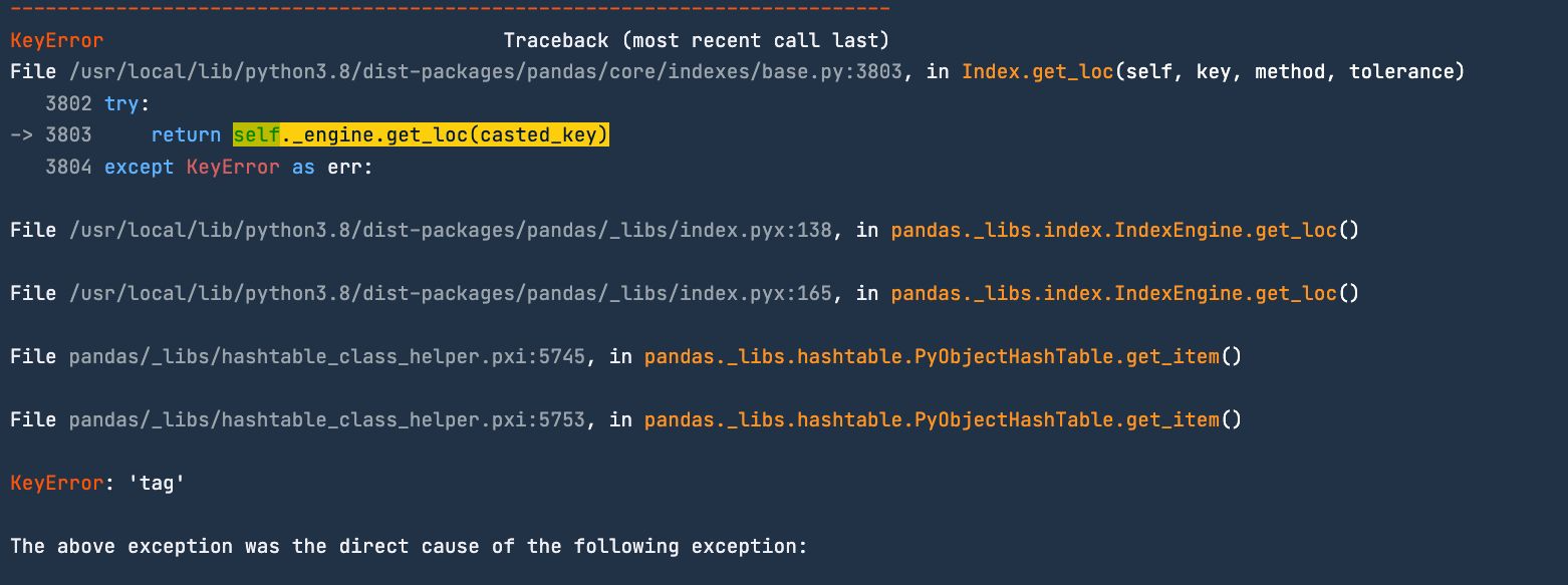 Traceback showing the file that produced an error when executed, along with the error type of KeyError