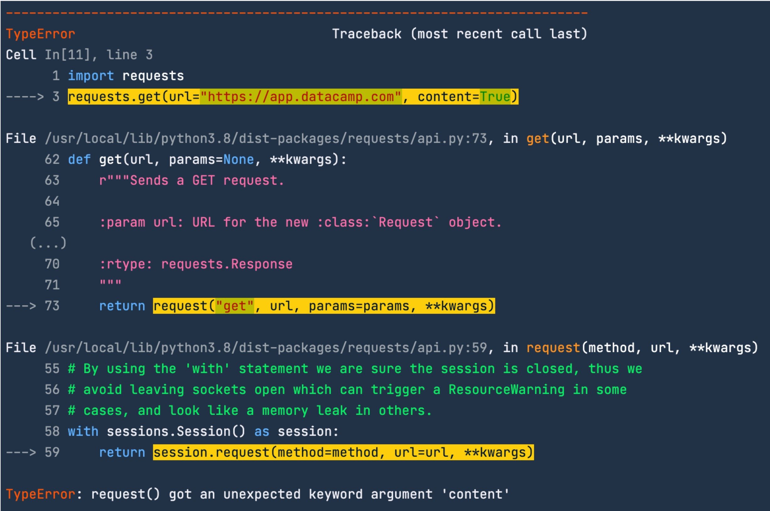 Traceback from using an invalid keyword argument in the get function from the requests module