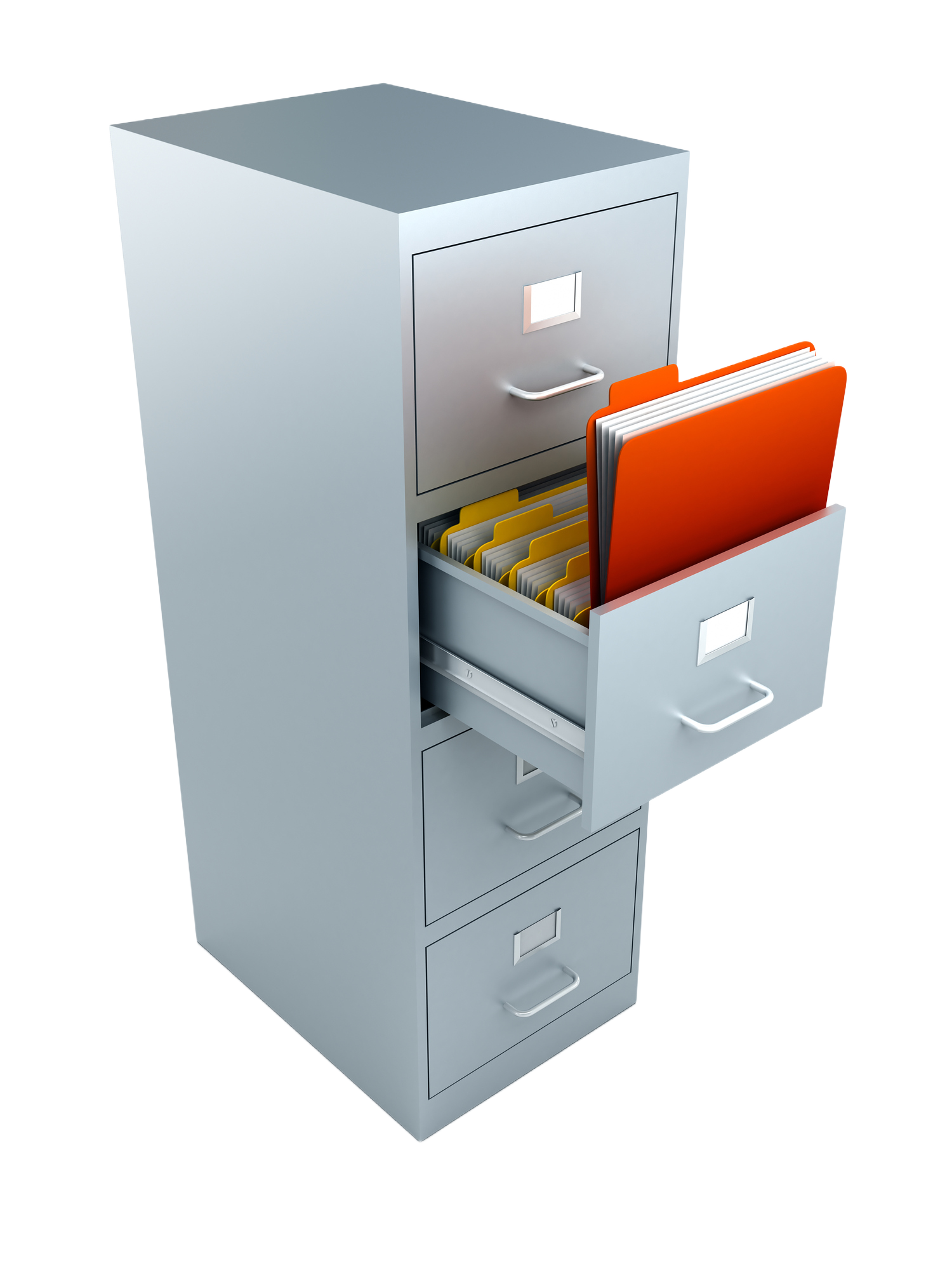 A filing cabinet with four draws, each containing multiple folders.