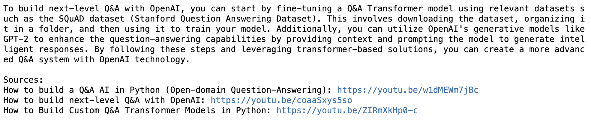 The output of the question_answering function