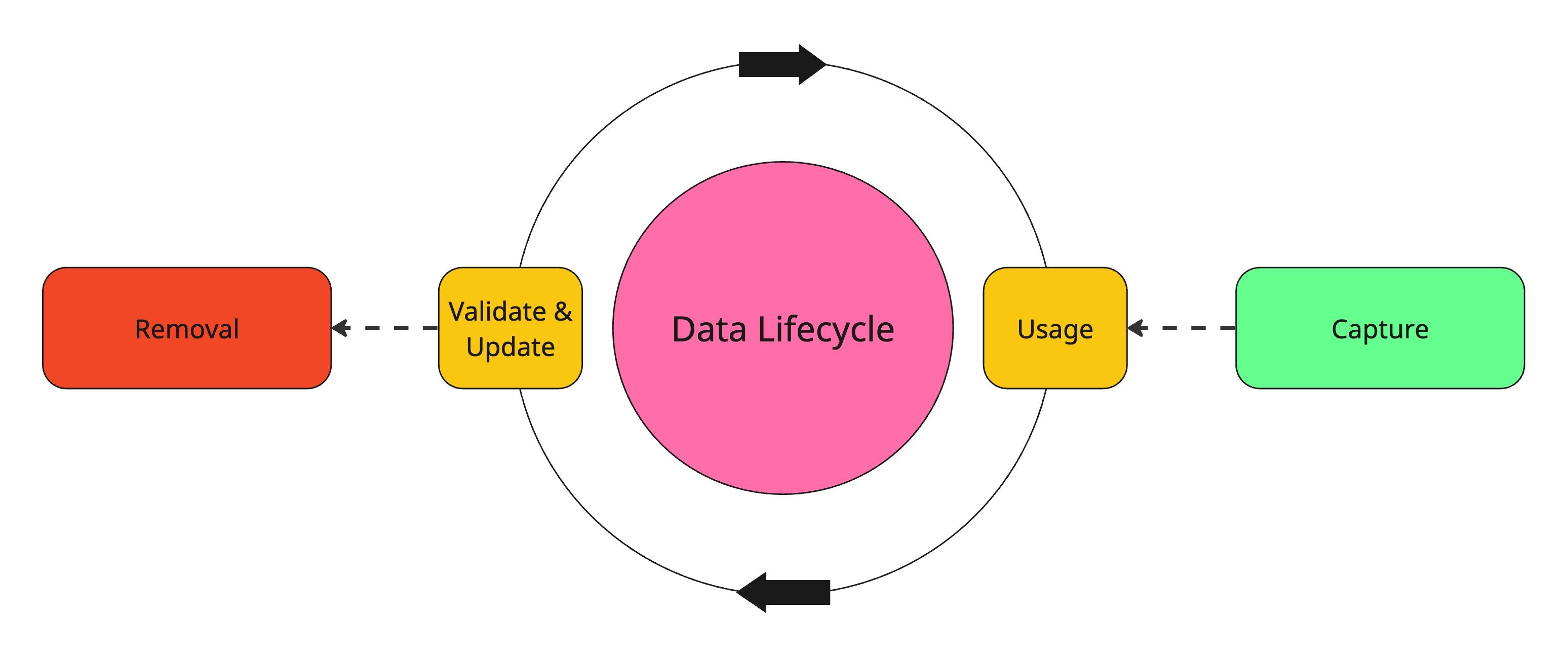 The lifecycle of data from capture, to usage, validation, and updates or removal.