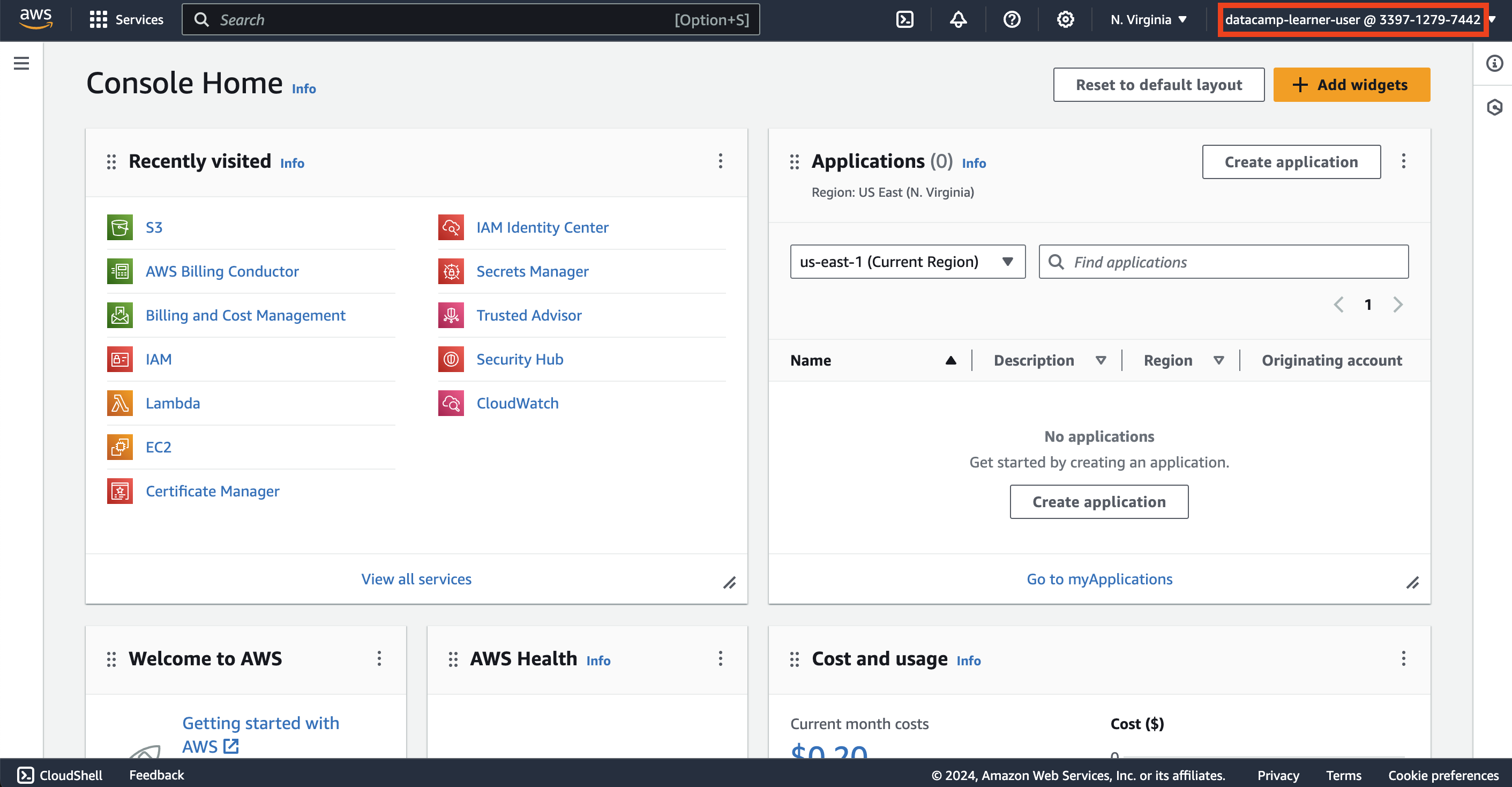 AWS landing page in the sandbox