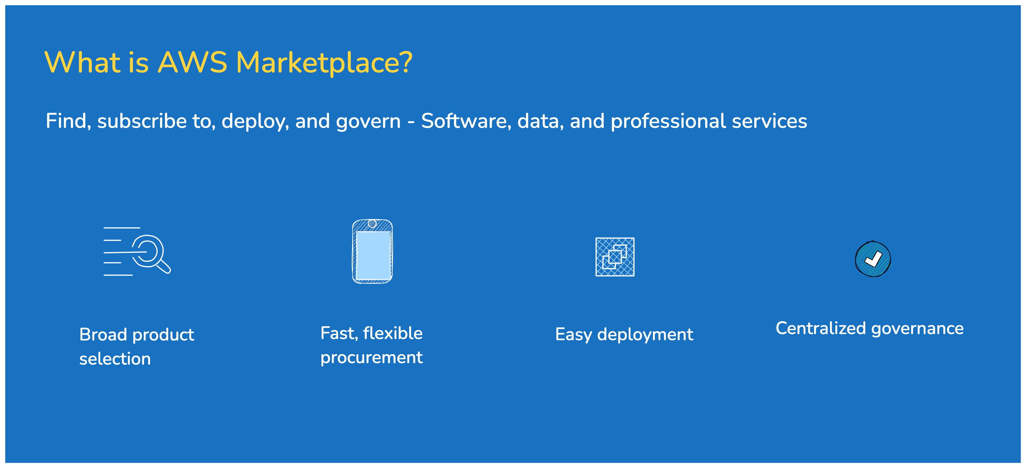 AWS marketplace uses: broad product selection, fast procurement, easy deployment