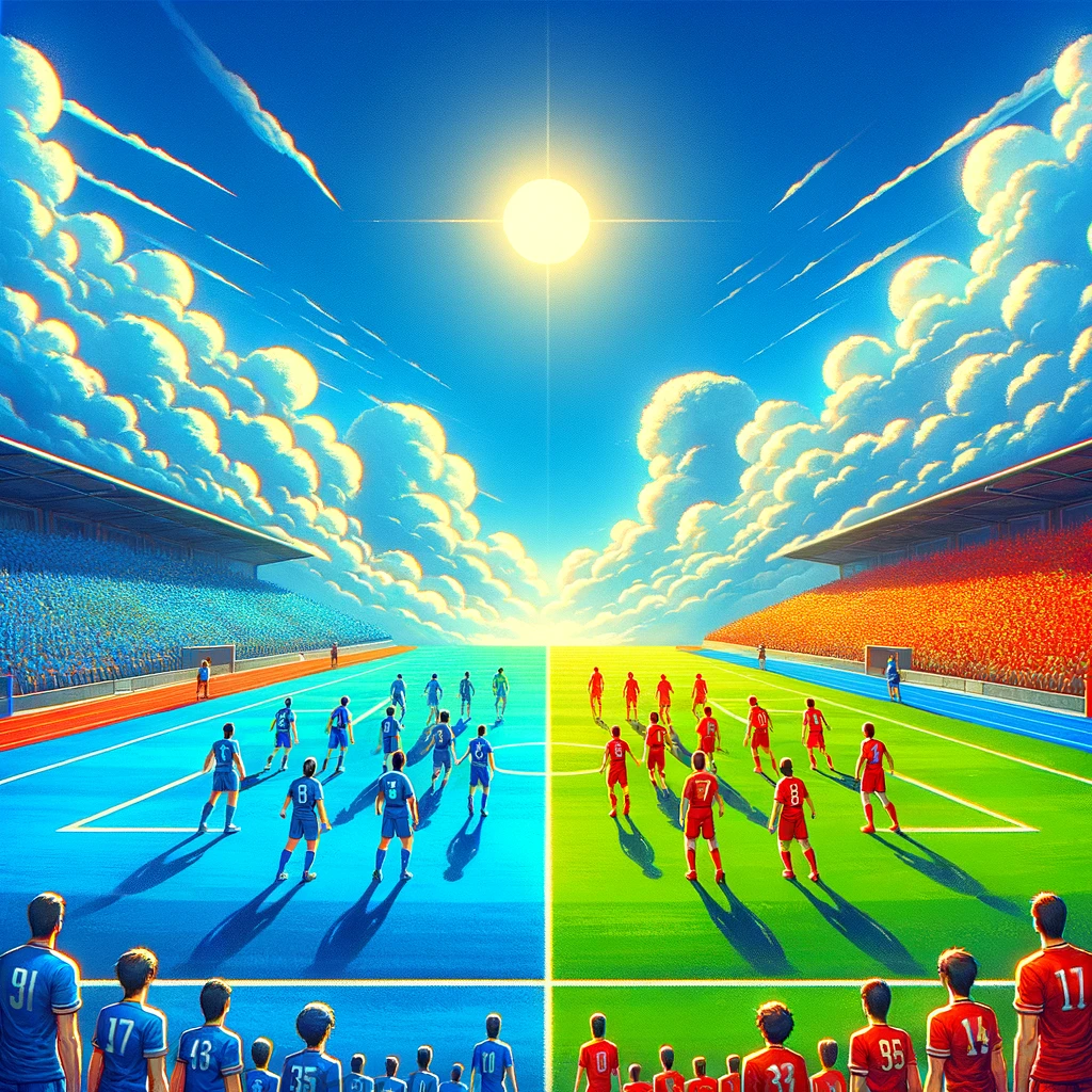 Uma imagem de times de futebol vermelho e azul jogando um contra o outro