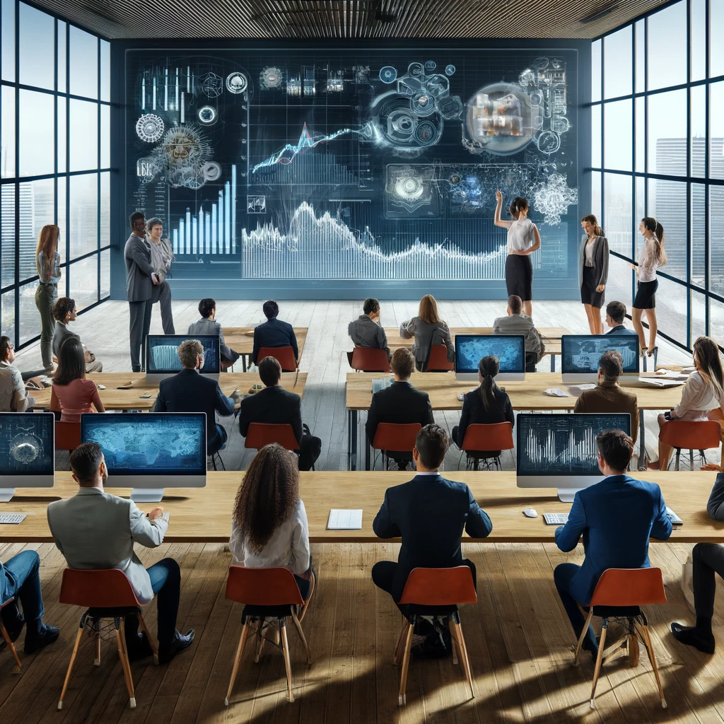 Uma sala de conferências de alta tecnologia com profissionais analisando dados em grandes monitores digitais e computadores.