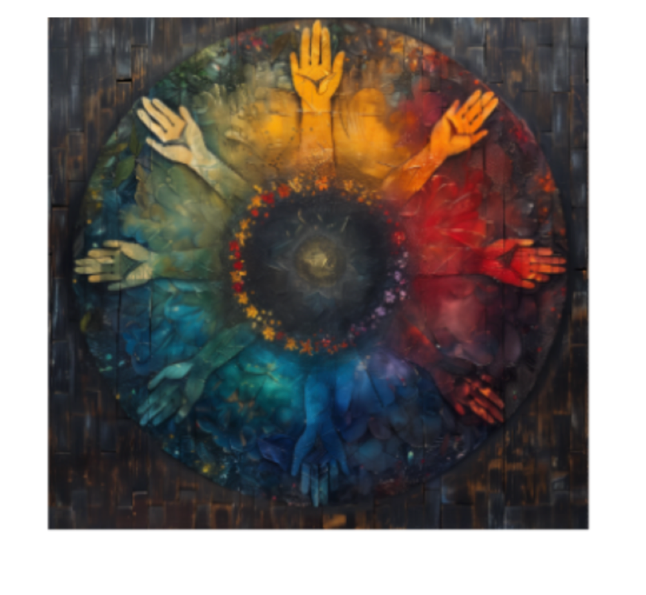 An image of a hands in a circle in rainbow colors