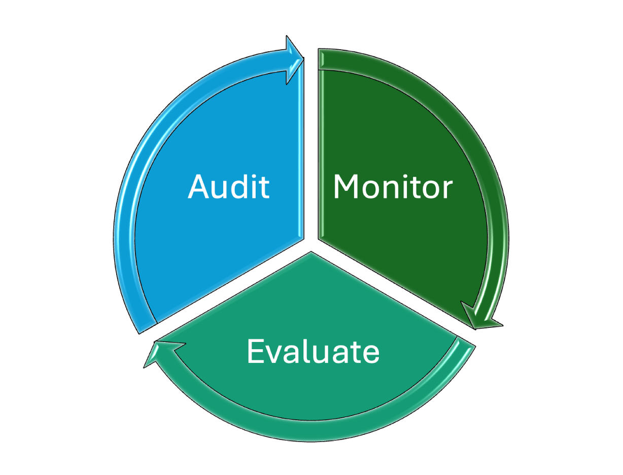 A pie chart with three elements: Monitor, Evaluate, and Audit