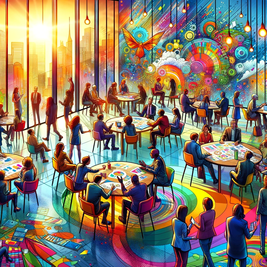 Imagen colorida de oficina abarrotada con sesiones de mesa redonda