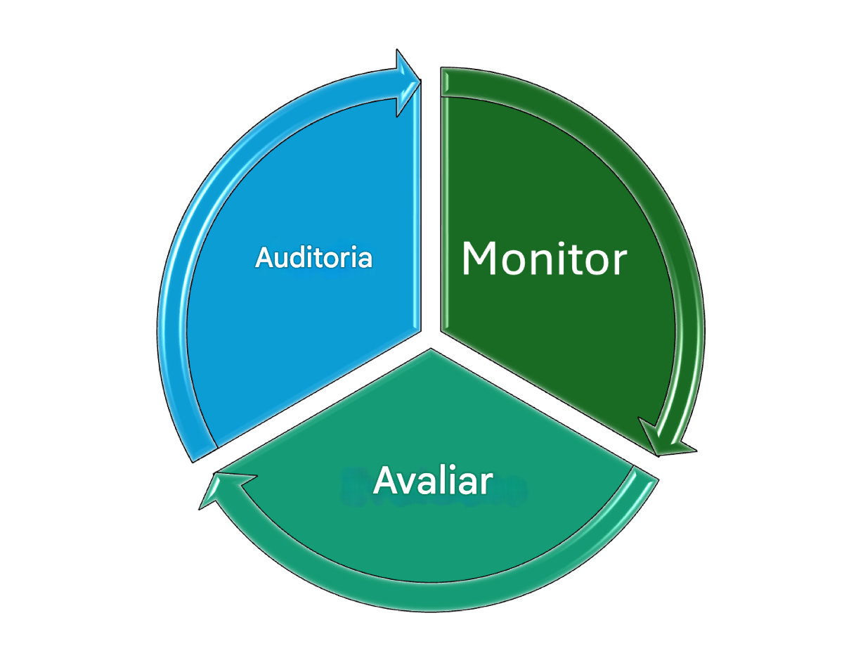Um gráfico de pizza com três elementos: Monitorar, avaliar e auditar