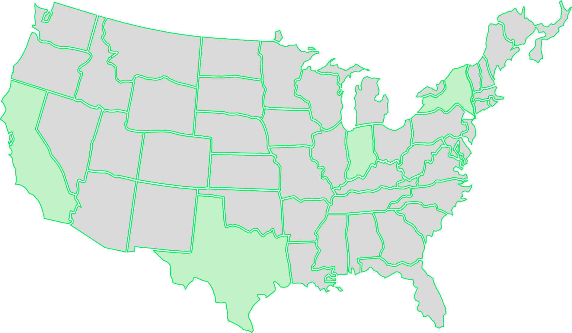United States map with the four states referenced lightly highlighted