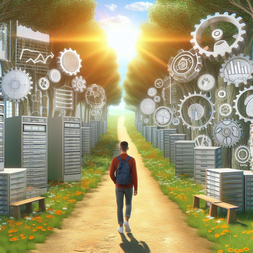 data analyst walking down a path with etl, gears, databases lining it out in nature