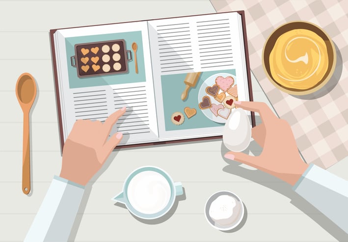 Image of a recipe and ingredients to bake a cake