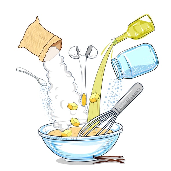 A cartoon image of ingredients being mixed in a bowl to bake a cake