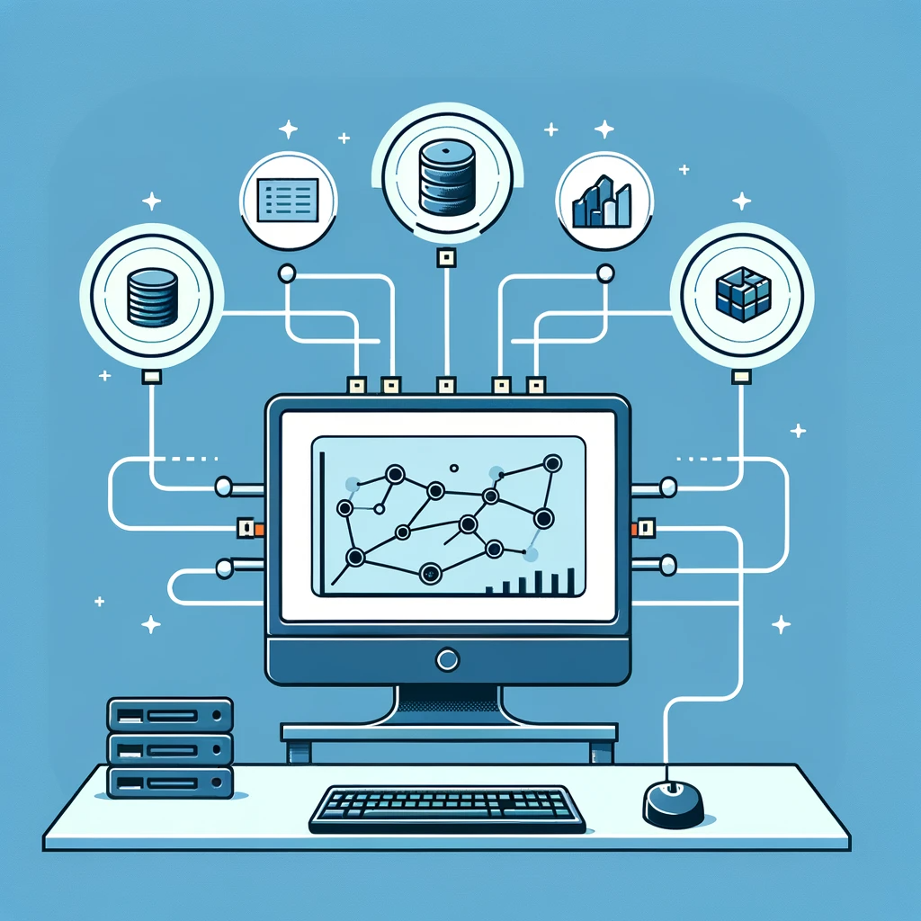 Cartoon image of a computer with multiple data connections feeding data into it