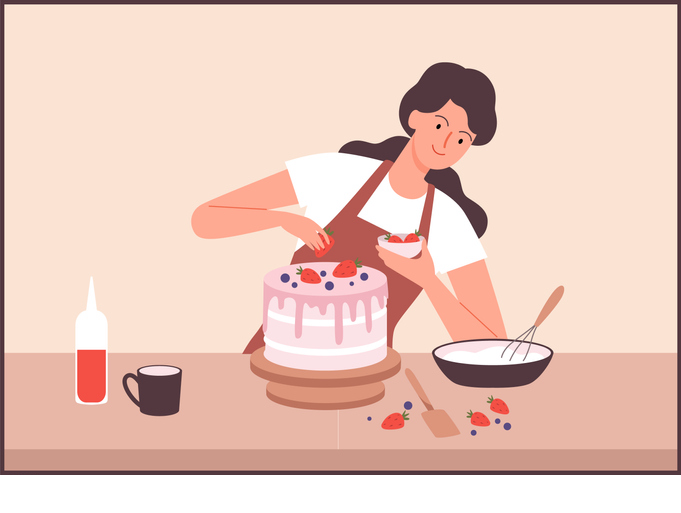 Cartoon image of a baked cake being decorated and prepared.png