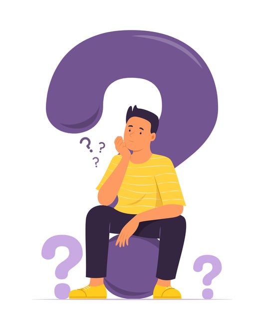 Cartoon image of a person sitting on a giant purple question mark