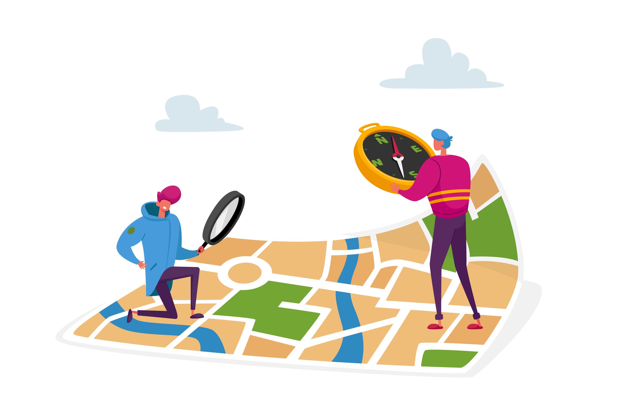 Two individuals studying a map with a compass, planning their route