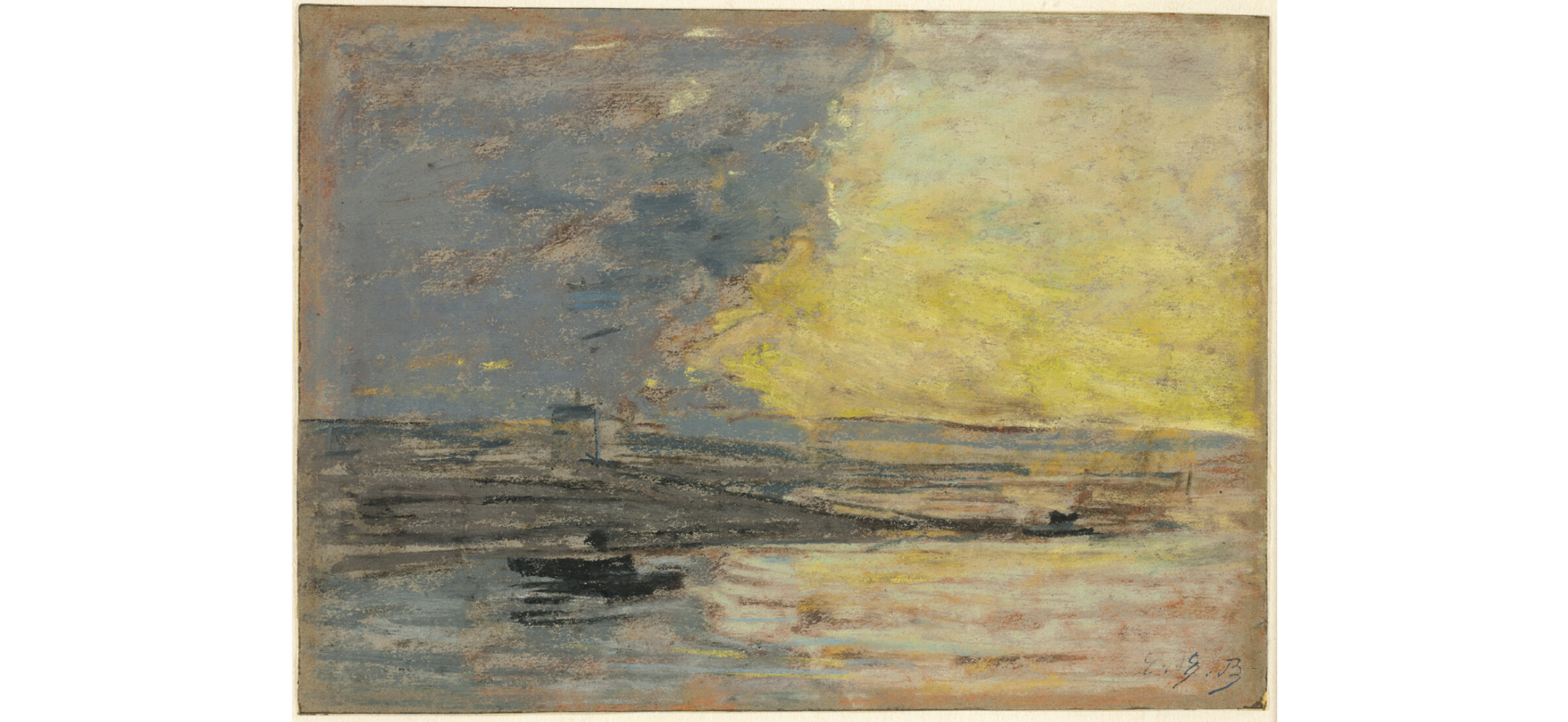 An impressionist paining of the seaside with a boat