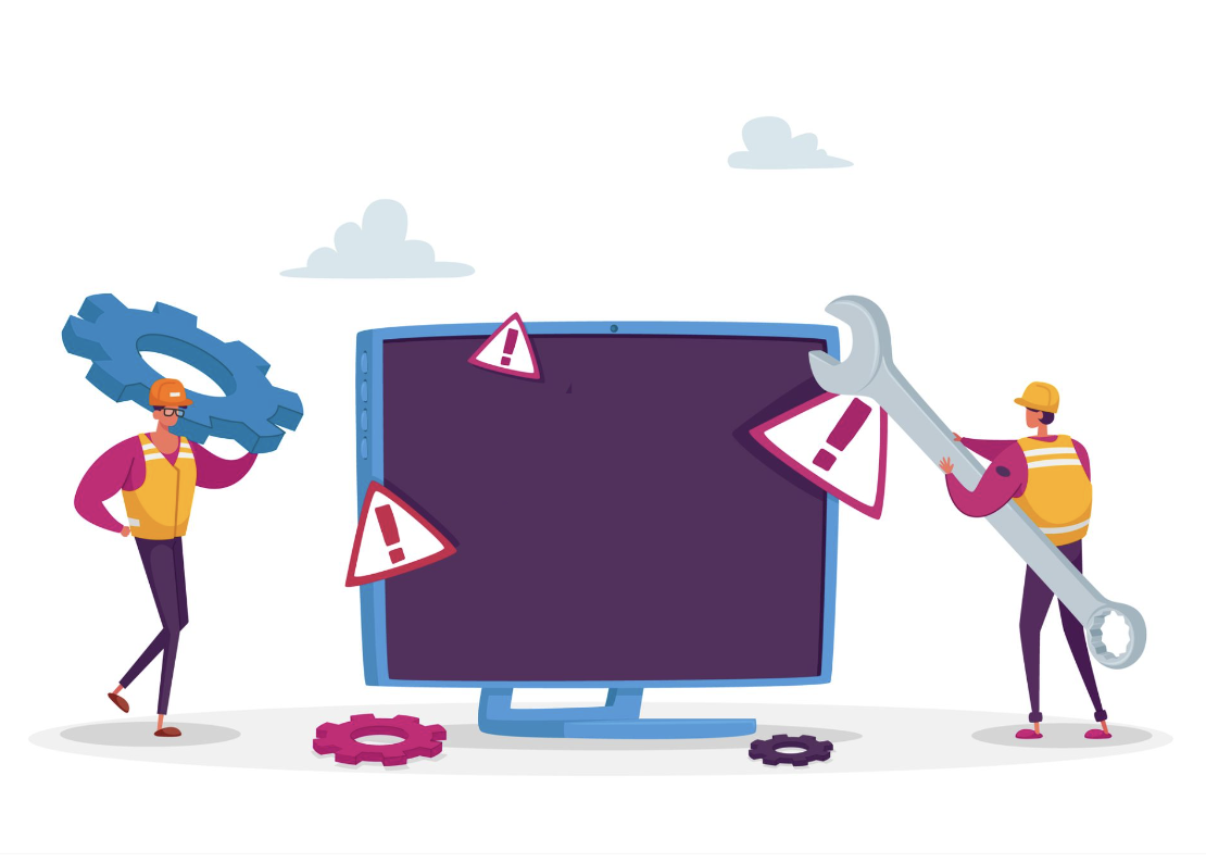 An illustration of two people handling tools and a large screen