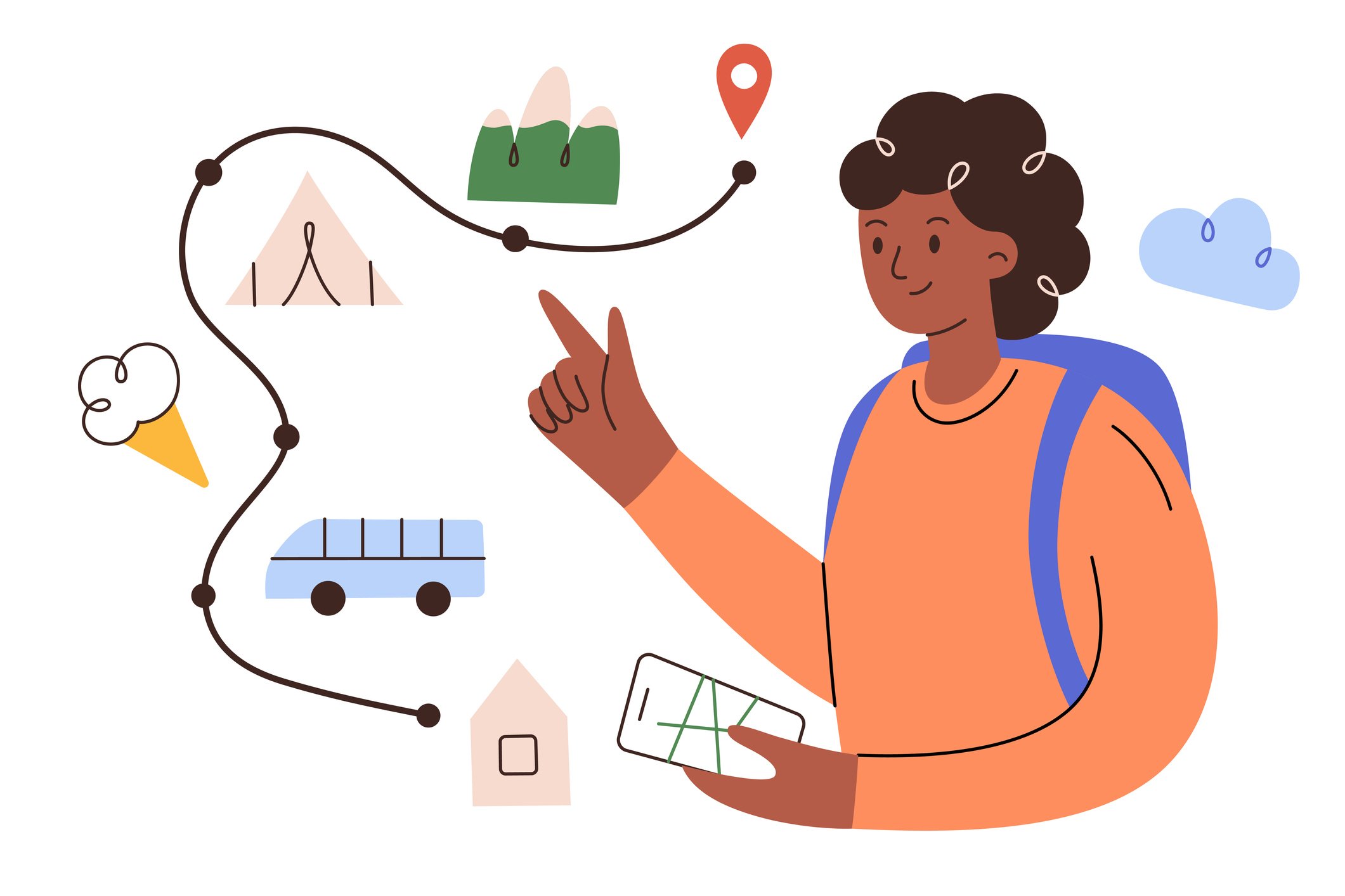 A person with a backpack and a map pointing to a destination