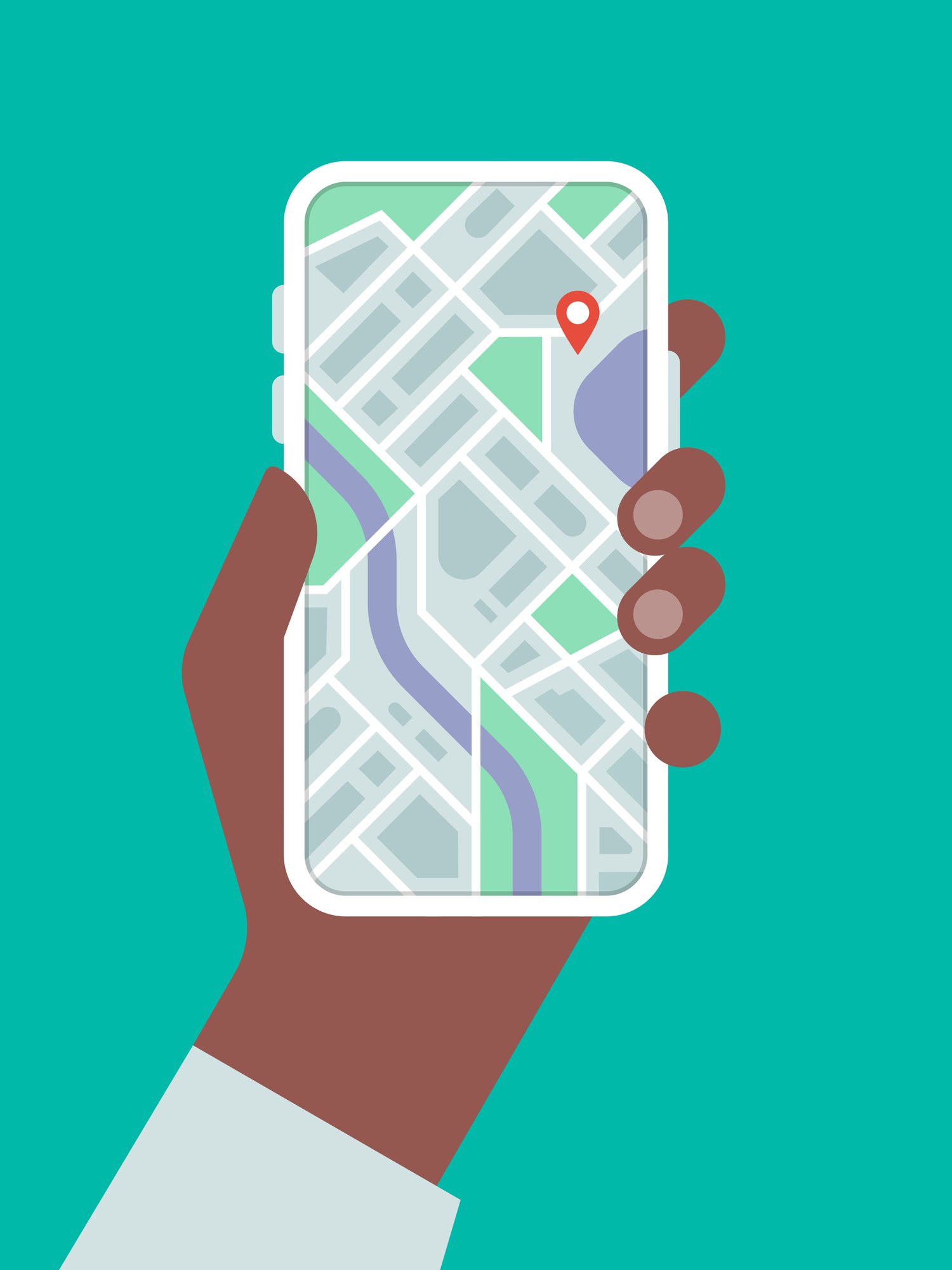 A mobile phone showing a map application using GPS