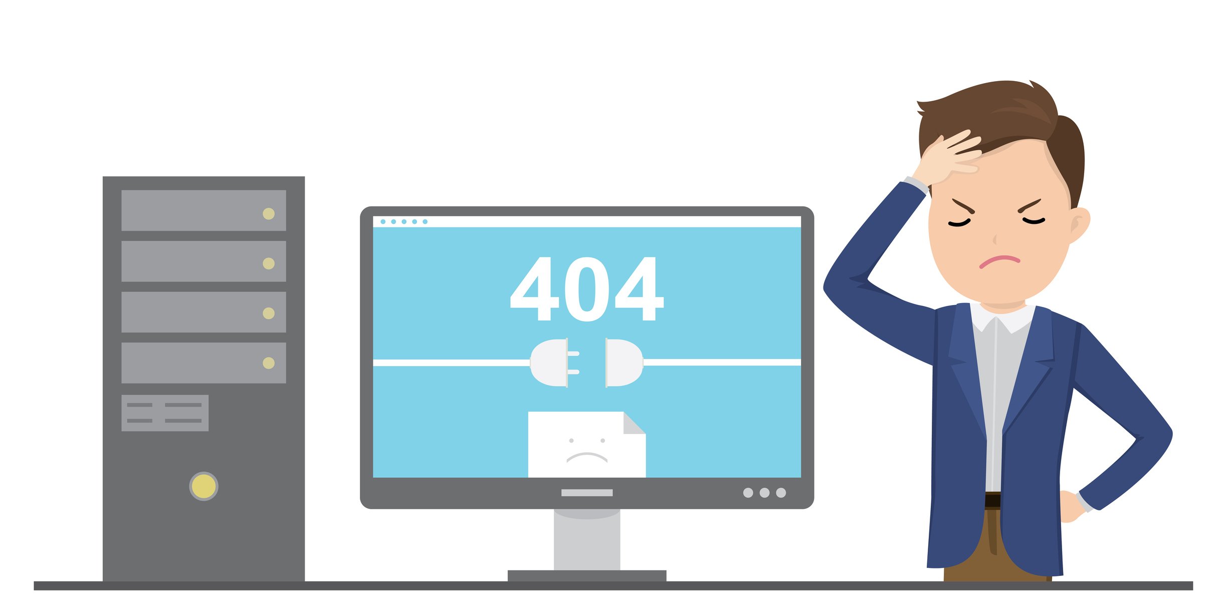 A man at a computer troubleshooting a 404 error