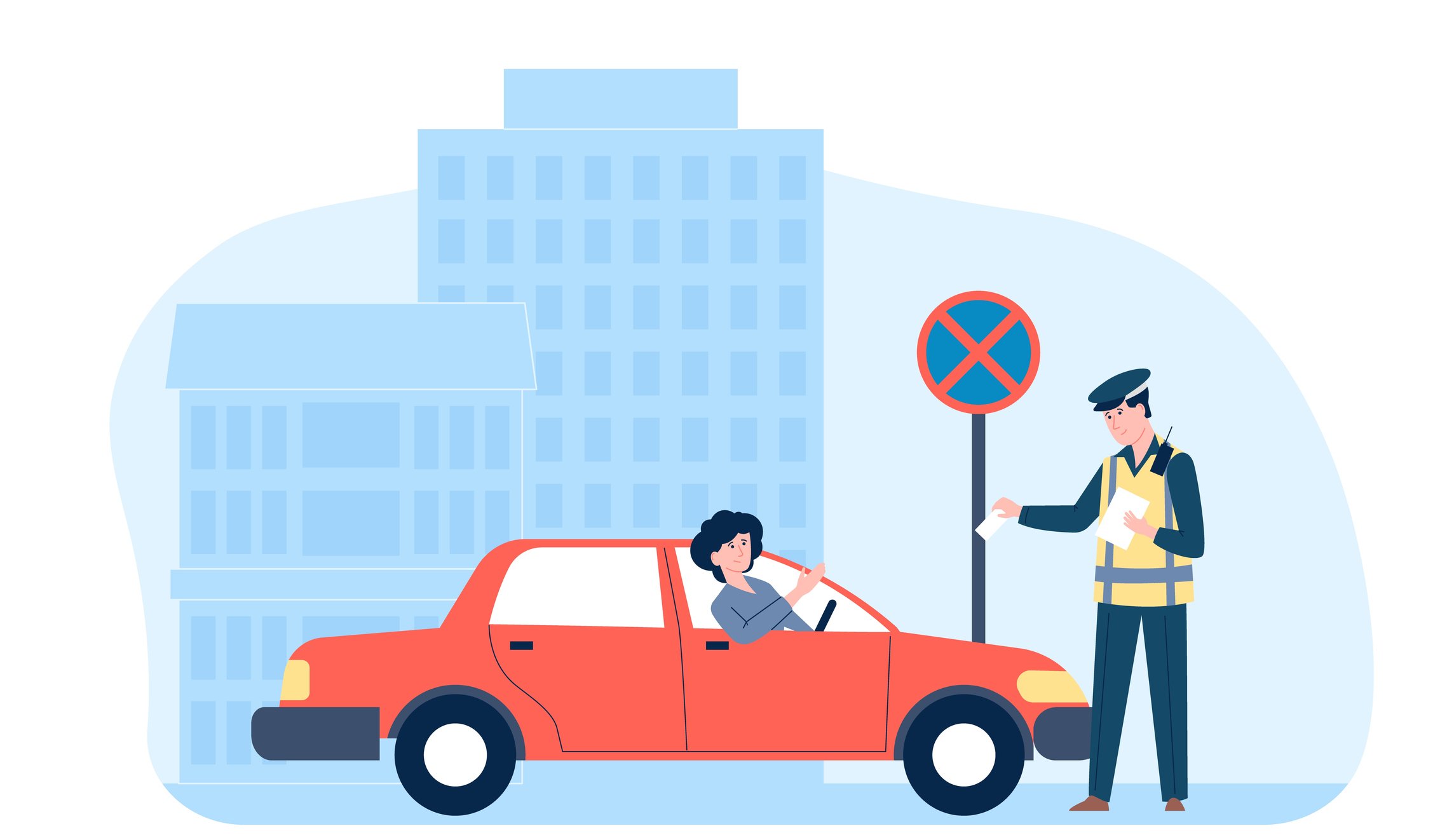 A person driving a car, stopped by a policeman