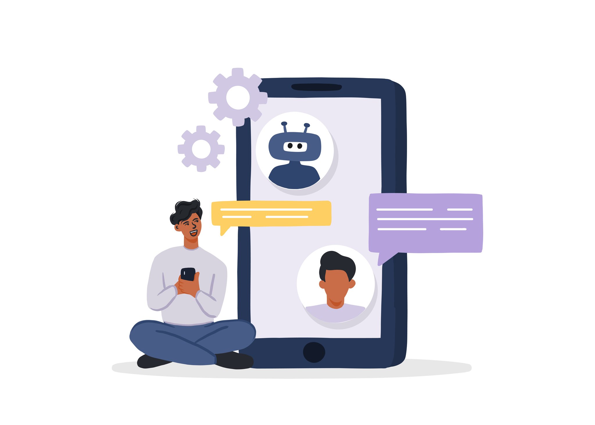 An illustration of a customer chatting with a customer service bot
