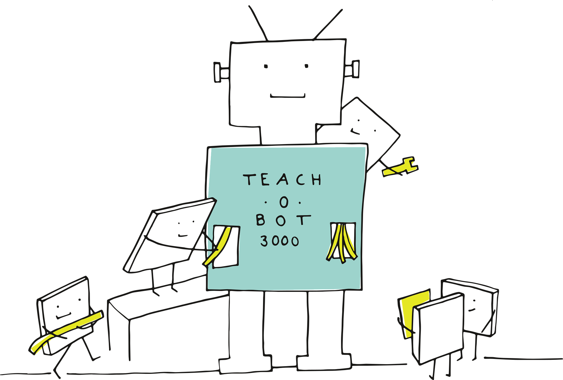 Playful image of cartoon characters building a large scale robot
