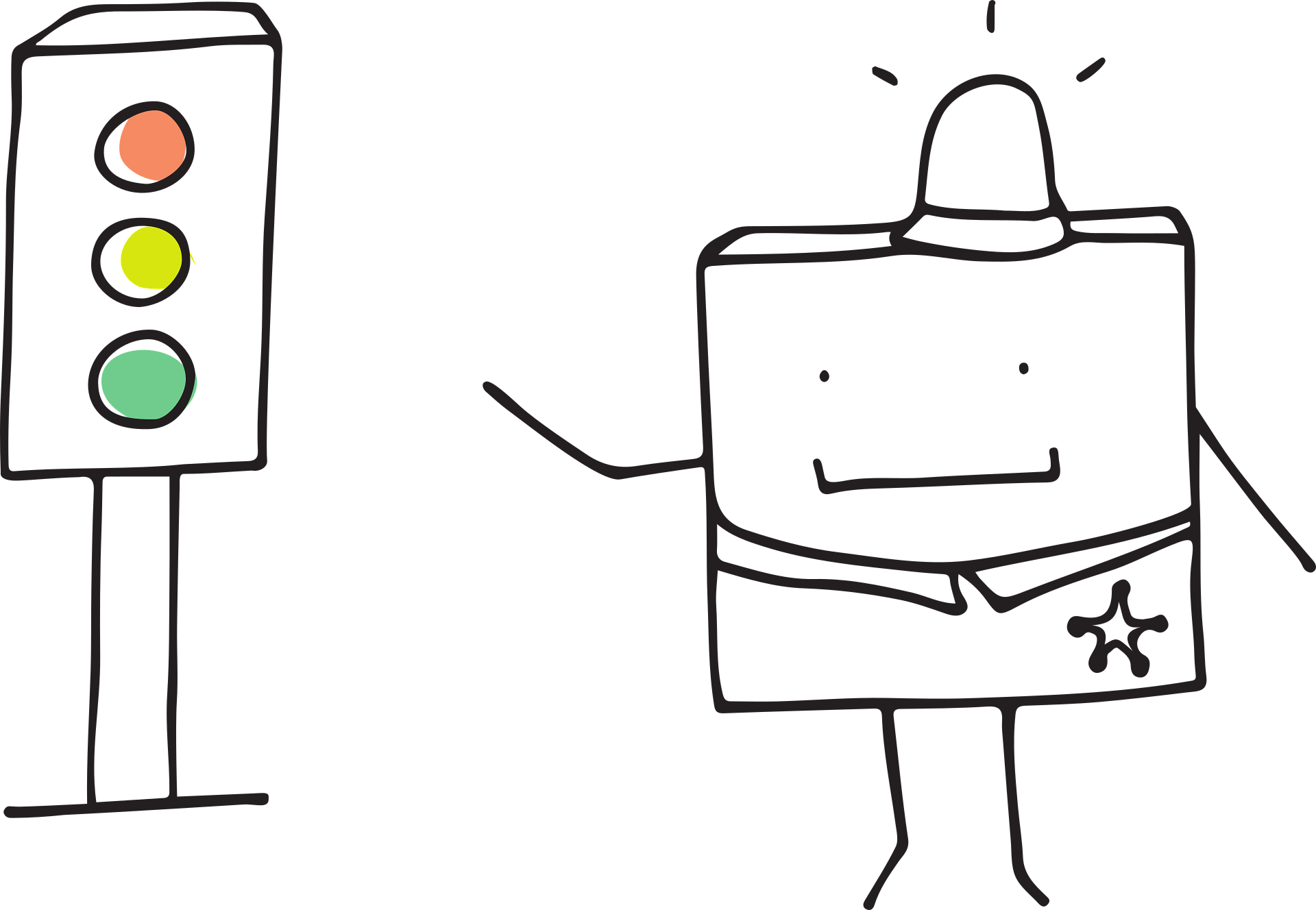 A playful image of a policeman pointing at the red light