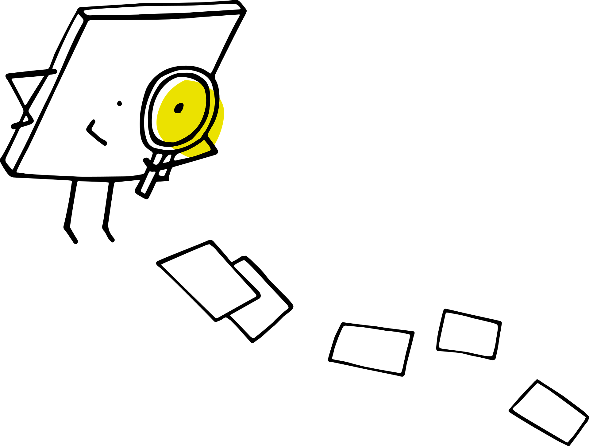 Playful image of a cartoon counting envelopes on the ground