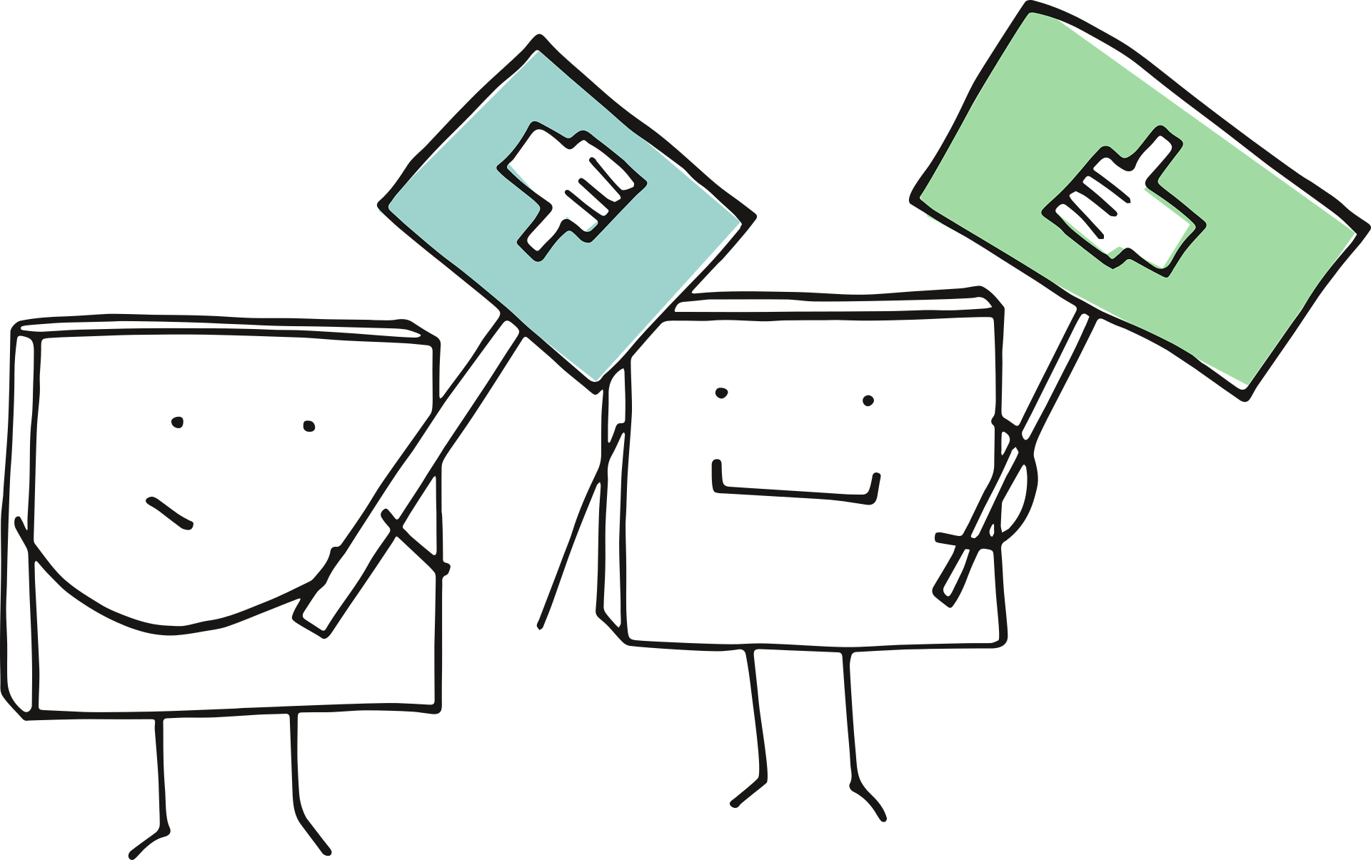A playful image of two cartoon characters holding a thumbs up and a thumbs down sign